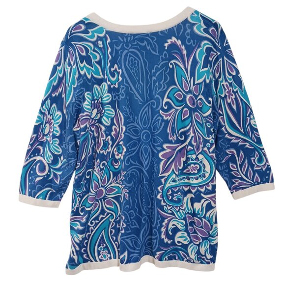 Bob Mackie, 1X Cardigan, Blue Floral Print, 3/4 Sleeve, V Neck, Button Down - Picture 4 of 16